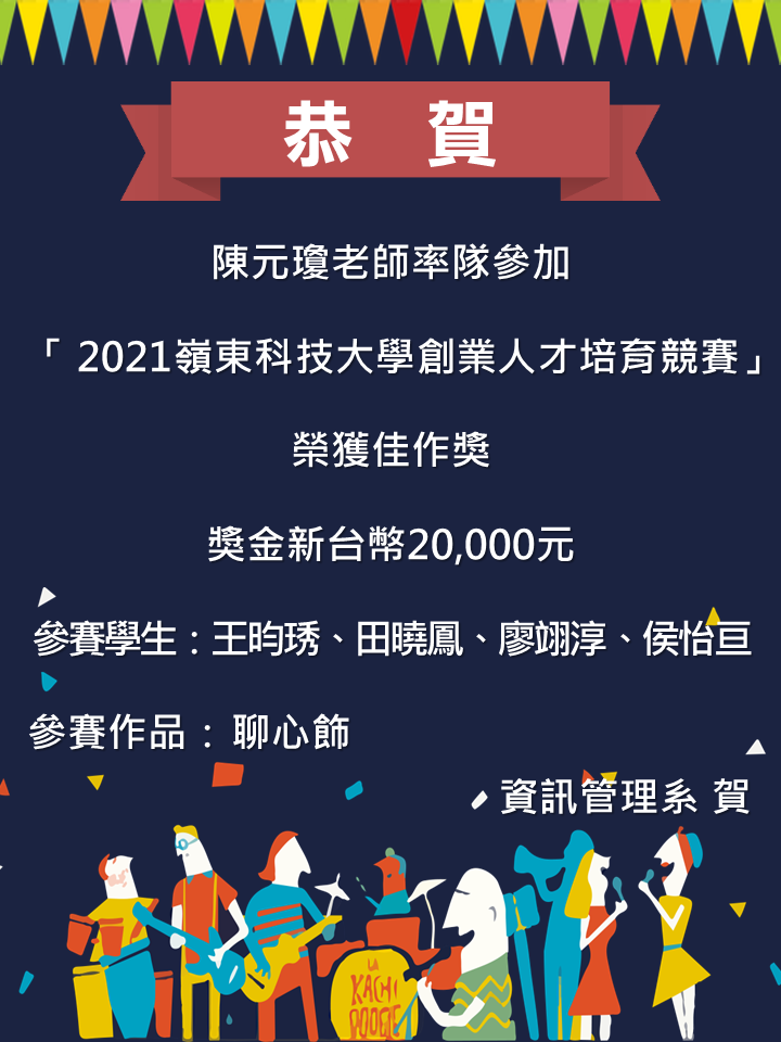 【恭賀】陳元瓊老師率隊參加「2021嶺東科技大學創業人才培育競賽」榮獲佳作獎！