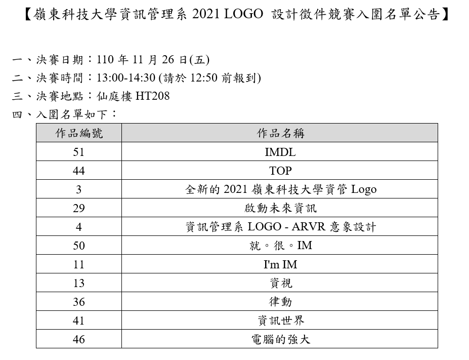 嶺東科技大學資訊管理系2021 LOGO 設計徵件競賽入圍名單公告