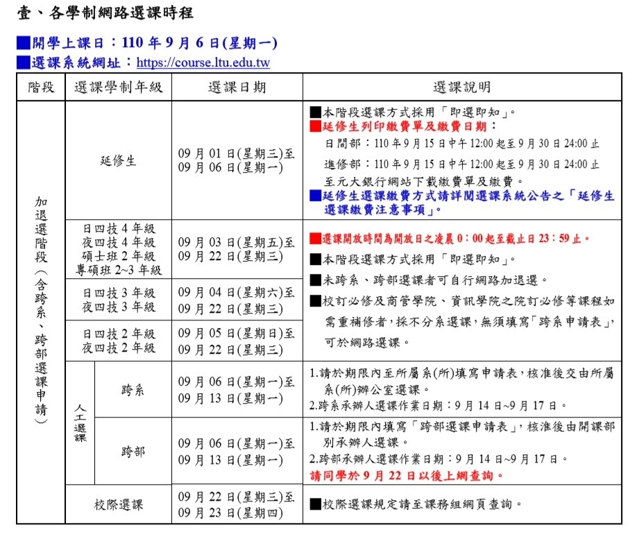 110學年度第一學期加退選課時程暨注意事項