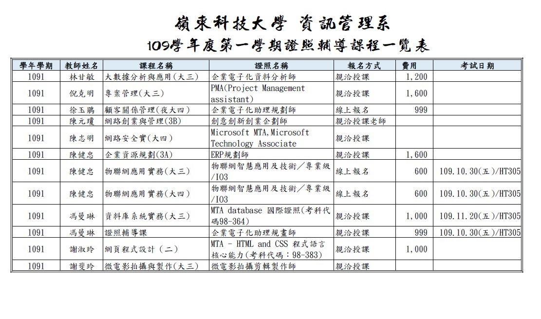 109學年度第一學期證照輔導課程一覽表