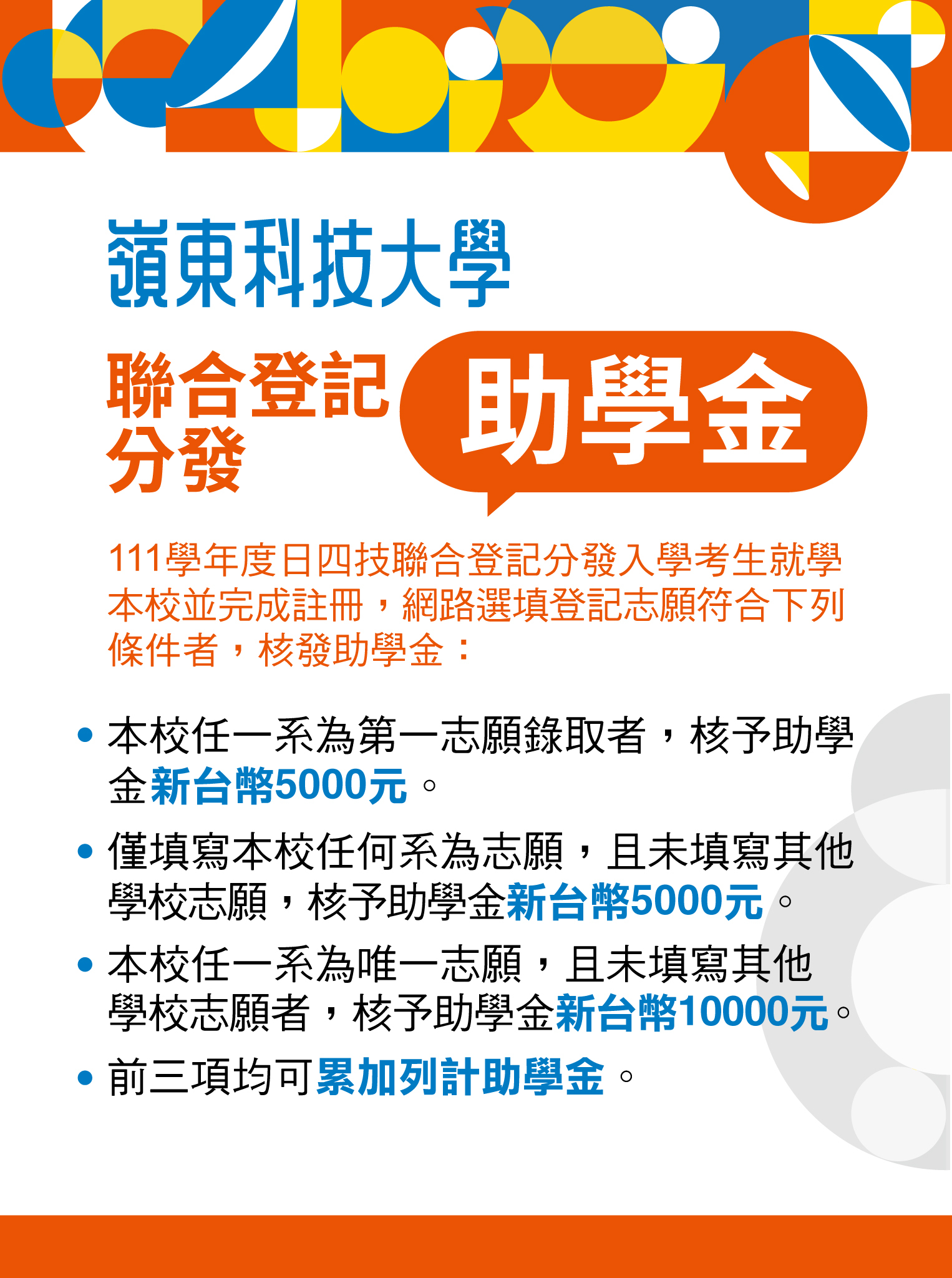 111學年度聯合登記分發入學助學金